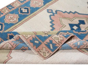 Hand Knotted Beige Oushak Rug, Vintage Turkish Style Wool Area Rug, Blue Geometric Medallion Oushak for Living Room Bedroom