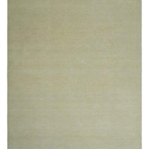 May include: A rectangular, solid-colored rug in a light olive green hue. The rug has a soft, textured appearance, with subtle variations in tone across its surface. The edges are neatly finished, suggesting a high-quality construction. This rug is suitable for various interior design styles.