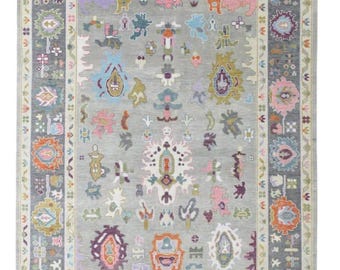 Hand Knotted Oushak Rug, Gray Wool Area Rug, Turkish Inspired Vintage Rug, Pastel Boho Oriental Rug for Living Room