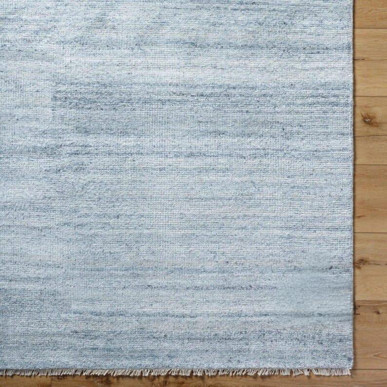 Blue Gray Hand Knotted Wool Rug | Minimalist Solid Texture Area Rug ...