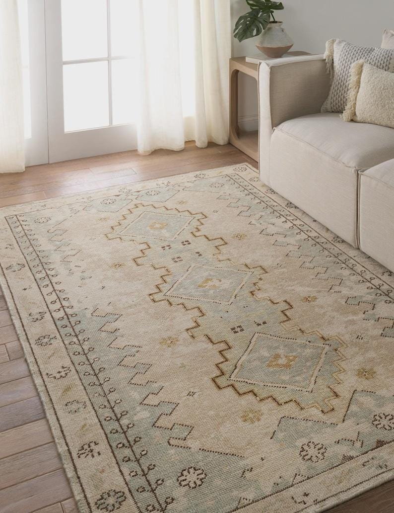 Hand Knotted Beige Oushak Wool Rug, Neutral Vintage Oriental Area Rug ...