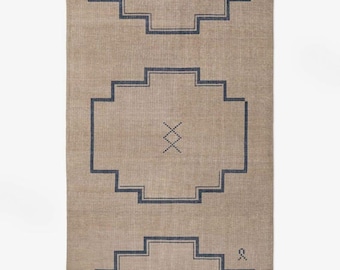 Hand Knotted Beige Wool Rug with Navy Geometric Medallion | Minimalist Scandinavian Area Rug | Custom Sizes, Modern Living Room Runner Rug