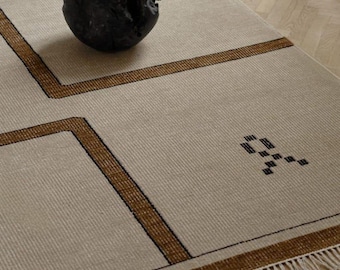 Hand Knotted Beige Wool Rug with Brown Geometric Grid | Minimalist Scandinavian Area Rug | Custom Sizes, Modern Living Room Runner Rug