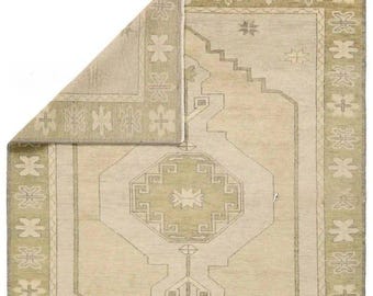 Hand Knotted Beige Oushak Rug, Minimal Geometric Medallion Area Rug, Neutral Turkish Style Vintage Wool Oushak Rug