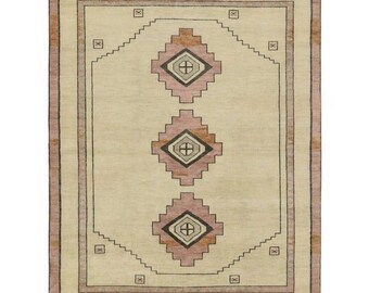 Hand Knotted Beige Oushak Rug, Minimal Geometric Medallion Wool Area Rug, Neutral Turkish Style Vintage Oushak Rug
