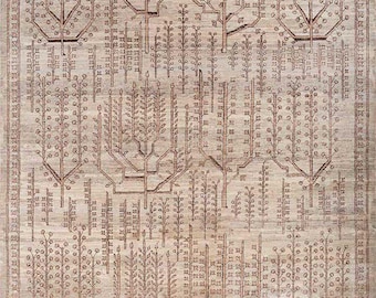 Hand Knotted Beige Oushak Rug, Vintage Turkish Style Wool Area Rug, Tree of Life Neutral Oushak for Living Room Bedroom