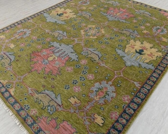 Hand Knotted Green Oushak Rug, Olive and Coral Floral Wool Area Rug, Traditional Turkish Style Vintage Oushak Rug