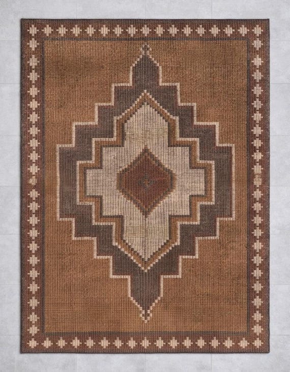 Hand Knotted Brown Southwestern Rug | Geometric Diamond Medallion Wool Area Rug | Rustic Farmhouse Boho Decor, Custom Sizes