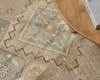 Hand Knotted Beige Oushak Wool Rug, Neutral Vintage Oriental Area Rug, Turkish Style Medallion Living Room Bedroom Rug