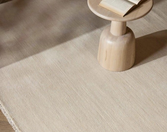 Hand Knotted Solid Ivory Beige Wool Rug | Minimalist Neutral Scandinavian Area Rug | Custom Sizes, Modern Living Room Bedroom Rug