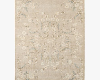 Beige Tone-on-Tone Floral Hand Knotted Wool Rug | Soft Vintage Botanical Design | Neutral Scandinavian Area Rug for Living Room Bedroom
