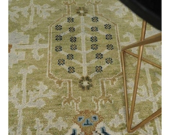 Hand Knotted Oushak Rug Sage Green Beige Floral Wool Rug Oriental Turkish Style Area Rug Living Room Rug Custom Rug