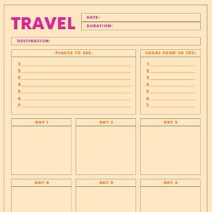 Könnte beinhalten: Ein beigefarbener Reiseplaner mit rosa Text und orangefarbenen Linien. Der Planer enthält Abschnitte für Reiseziel, Sehenswürdigkeiten und lokale Speisen. Er bietet auch Platz für tägliche Einträge und zeigt eine Pass- und Klemmbrettillustration.