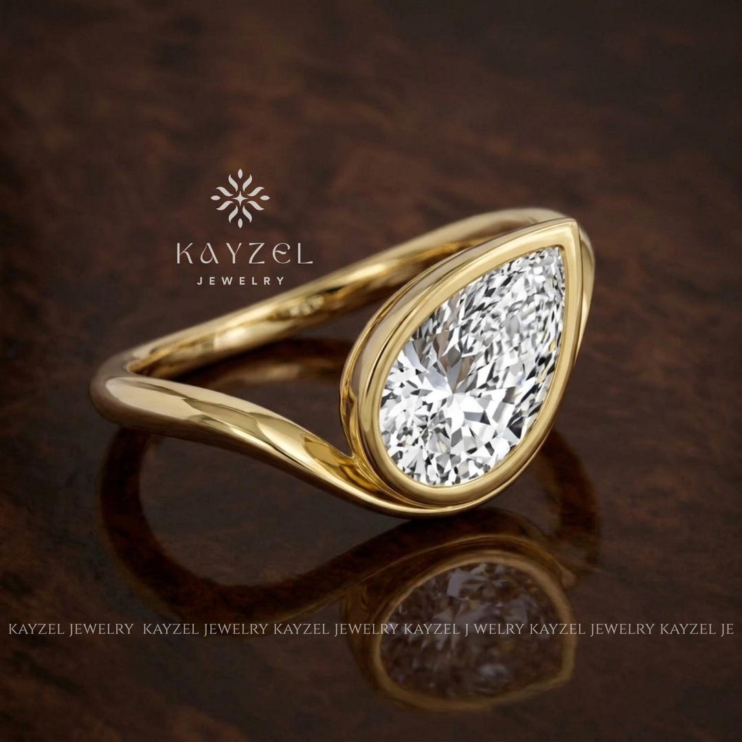 2CT Pear Cut Moissanite Engagement Ring, Solitaire Bezel Set Gold Ring ...