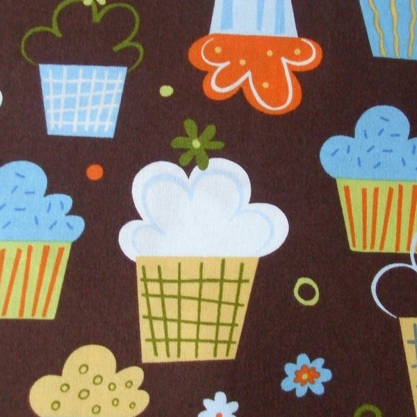 SALE - Confections - Amy Schimle - Blueberry - Blue Yellow ORage Cupcakes on Brown Robert Kaufman - 1 Yard available