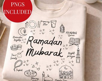 Ramadan Mubarak Doodle PNG Bundle, Islamic Illustrations (Digital Download, 3 Files)