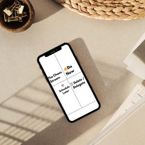 May include: A black smartphone shows a productivity graphic with the text "The Chaos Stream," "Do Now," "Schedule Later," and "Delete / Delegate." Gold paper clips are in a small wooden bowl. A woven basket and papers are in the background.
