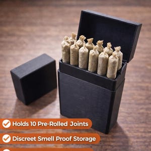 May include: Black pocket joint case with the text "POCKET JOINT CASE". The case holds ten pre-rolled joints. The case is compact and pocket-friendly, offering discreet, smell-proof storage.