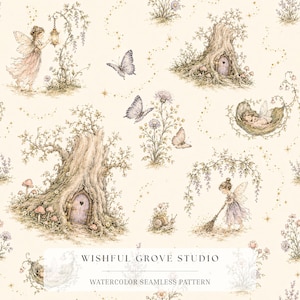 Fairy Village Watercolour Seamless Pattern Storybook Woodland Mushroom Butterfly Nursery Cottage Wallpaper Fabric Digital Download