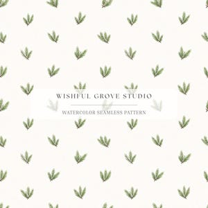 Puede incluir: Patrón sin costuras de acuarela con un diseño repetido de ramas de pino verdes sobre un fondo crema. El texto "WISHFUL GROVE STUDIO" y "WATERCOLOR SEAMLESS PATTERN" se muestran en el centro.