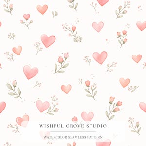 Può includere: Motivo senza cuciture ad acquerello con cuori rosa ed elementi floreali su sfondo crema. Il design include cuori di varie dimensioni e delicate composizioni di fiori e foglie, creando un'estetica romantica e stravagante. È visibile anche il testo "WISHFUL GROVE STUDIO" e "WATERCOLOR SEAMLESS PATTERN".