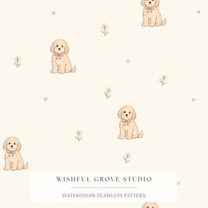 Può includere: Motivo senza cuciture ad acquerello con illustrazioni di cuccioli marrone chiaro con fiocchi rosa, piccoli fiori e cuori rosa su sfondo crema. Il testo "WISHFUL GROVE STUDIO" e "WATERCOLOR SEAMLESS PATTERN" è in basso.