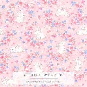May include: Watercolor seamless pattern featuring white bunnies amidst pink and blue floral arrangements on a soft pink background. The design includes the text "WISHFUL GROVE STUDIO" and "WATERCOLOR SEAMLESS PATTERN".