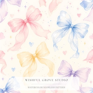 May include: A seamless pattern featuring watercolor bows in shades of pink, blue, yellow, and purple on a cream background, accented with small hearts and stars. The text WISHFUL GROVE STUDIO WATERCOLOR SEAMLESS PATTERN is centered at the bottom.