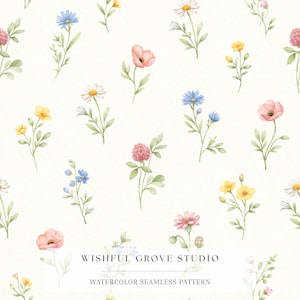 May include: A seamless pattern featuring watercolor illustrations of various wildflowers including daisies, cornflowers, and clover in shades of pink, yellow, and blue on a cream background. The text WISHFUL GROVE STUDIO WATERCOLOR SEAMLESS PATTERN is centered.