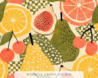 Motif de fruits sans couture à grande échelle, papier numérique collage rétro, tissu de cuisine pamplemousse, poire, figue, papier peint d'été audacieux à télécharger