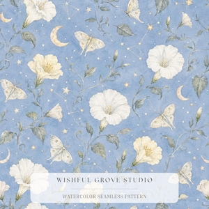 May include: A seamless pattern featuring white morning glory flowers, pale moths, crescent moons, and small gold stars on a textured blue background. The text WISHFUL GROVE STUDIO WATERCOLOR SEAMLESS PATTERN is centered in a white rectangular overlay.