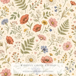May include: A seamless pattern featuring watercolor illustrations of poppies, daisies, cornflowers, and ferns in shades of red, pink, yellow, and blue on a cream background. The text WISHFUL GROVE STUDIO WATERCOLOR SEAMLESS PATTERN is centered.
