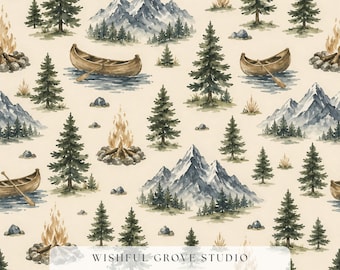 Camping Mountain Forest Seamless Pattern, Woodland Adventure Digital Paper, Gift for Dad Wallpaper, Rustic Lodge Canoe Fabric, Pine Print