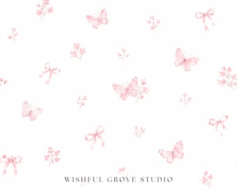 Motif sans couture de noeud papillon rose tendre, papier numérique floral coquette aquarelle, tissu pour chambre de bébé girly Blush, papier peint romantique imprimé
