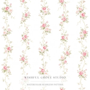 May include: A seamless pattern featuring vertical vines of watercolor pink roses and green leaves on a white background. The text WISHFUL GROVE STUDIO WATERCOLOR SEAMLESS PATTERN is centered at the bottom in a dark gray serif font.