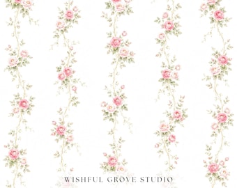 Motif sans couture à rayures roses rampantes, chintz floral rose vintage à télécharger numérique, imprimé vigne style cottage shabby chic pour papier peint en tissu