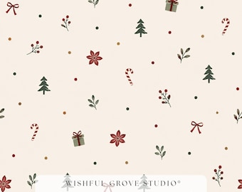 Motif de Noël sans couture, papier peint cadeau canne à sucre et poinsettia, imprimé festif rouge et vert pour tissu, téléchargement de papier cadeau sapin de Noël