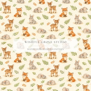 May include: Watercolor seamless pattern featuring woodland animals including deer, foxes, and rabbits. The design includes green leaves and small orange berries on a cream background. The text "WISHFUL GROVE STUDIO" and "WATERCOLOR SEAMLESS PATTERN" are also visible.