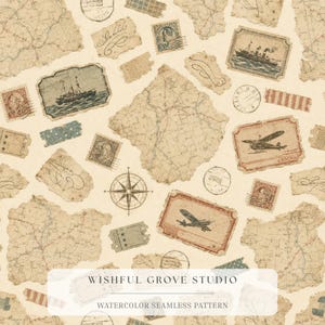 May include: A seamless pattern featuring vintage-style travel ephemera on a cream background. The design includes torn map fragments, postage stamps with ships and airplanes, a compass rose, and cursive script text, all in muted sepia and blue tones.
