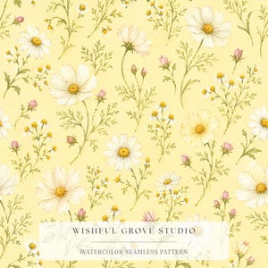 May include: A seamless pattern featuring watercolor illustrations of white cosmos and chamomile flowers with green stems and leaves on a pale yellow background. The text WISHFUL GROVE STUDIO WATERCOLOR SEAMLESS PATTERN is centered at the bottom.