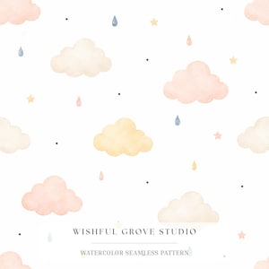 Watercolour Cloud Seamless Pattern, Pastel Nursery Digital Paper, Cute Sky Stars Raindrops Print for Baby Fabric, Wallpaper, Decor