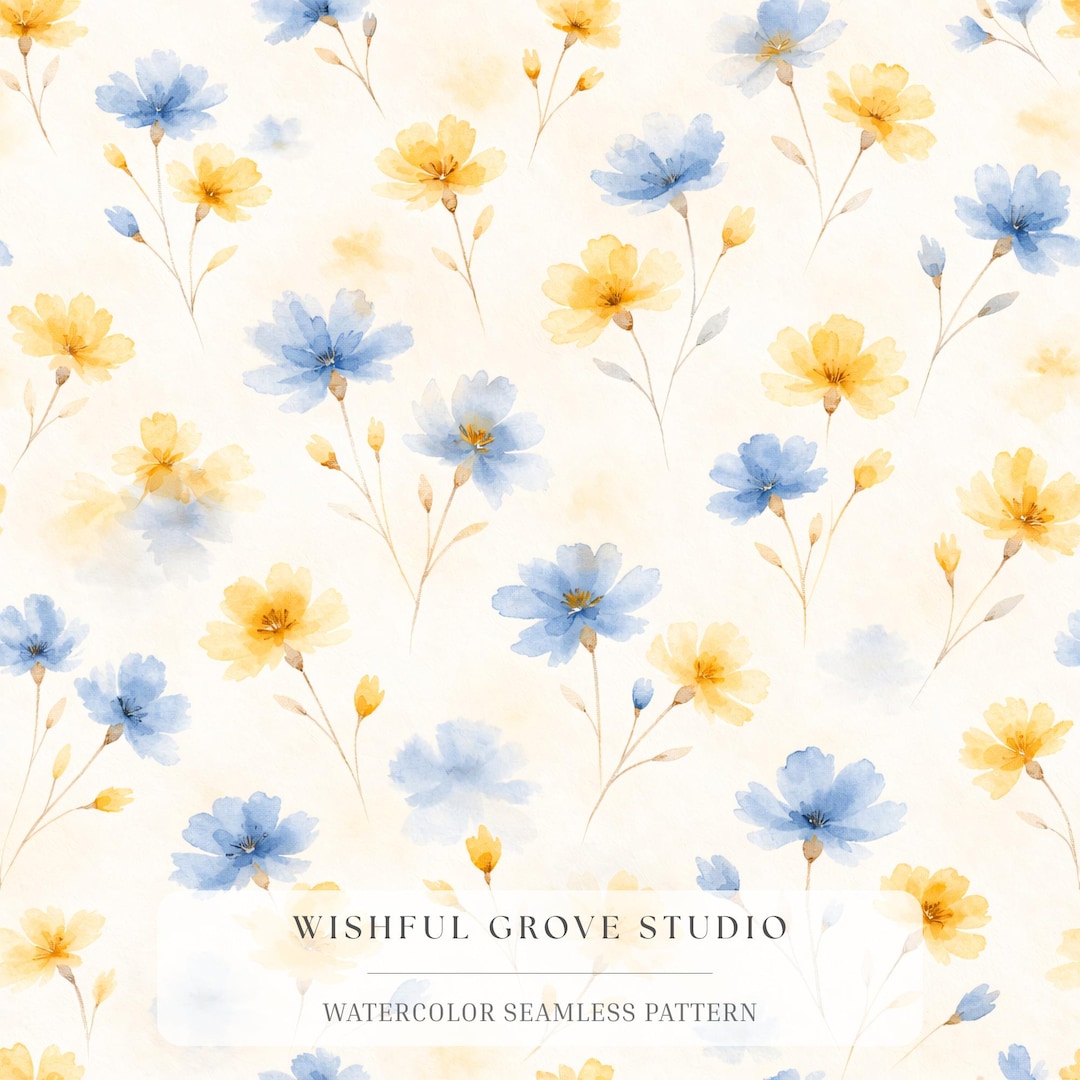 Blue Yellow Floral Seamless Pattern, Watercolour Wildflower Digital ...
