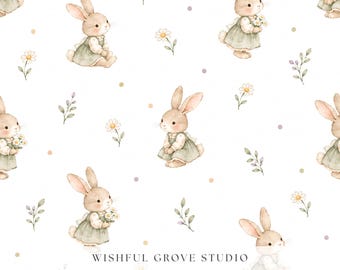 Watercolor Bunny Pattern, Cute Rabbit in Sage Dress with Daisies and Botanical Sprigs, Nursery Seamless Print