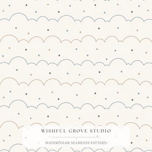 May include: A seamless pattern featuring repeating horizontal wavy lines in muted blue and beige tones against a cream background, interspersed with small scattered dots in blue, beige, and dark gray. Text at the bottom reads WISHFUL GROVE STUDIO.