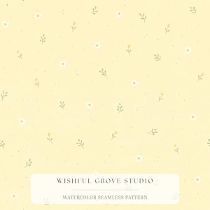 May include: A seamless pattern featuring small white daisies and tiny green sprigs scattered across a pale yellow background. A white rectangular label at the bottom displays the text WISHFUL GROVE STUDIO and WATERCOLOR SEAMLESS PATTERN.