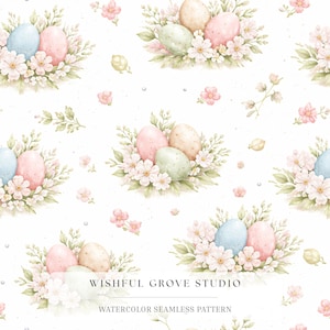 Motivo floreale ad acquerello con uova di Pasqua senza soluzione di continuità / Carta digitale primaverile pastello / Stampa su tessuto con fiori maculati / Design per carta da regalo primaverile