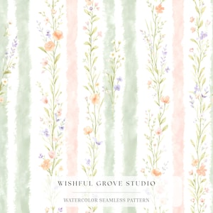 May include: A seamless pattern featuring vertical watercolor stripes in soft sage green and pale pink, interspersed with delicate stems of wildflowers in shades of orange, purple, and white. The text WISHFUL GROVE STUDIO WATERCOLOR SEAMLESS PATTERN is centered.