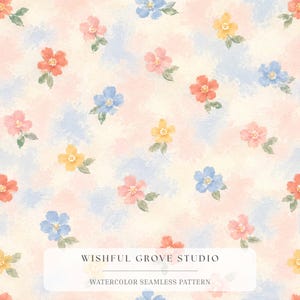 May include: A seamless pattern featuring watercolor-style flowers in shades of pink, blue, and yellow on a cream background with soft pastel splotches. The text WISHFUL GROVE STUDIO WATERCOLOR SEAMLESS PATTERN is centered at the bottom.