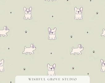 Aquarelle bouledogue français sauge modèle sans couture, papier numérique chien Frenchie, chiot mignon tissu Design vert