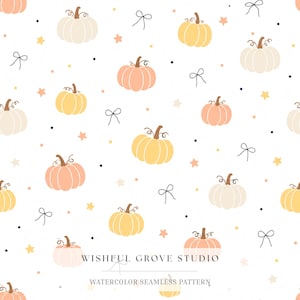 May include: A seamless pattern featuring watercolour illustrations of pumpkins in shades of cream, peach, and yellow, interspersed with small black line-drawn bows, yellow stars, and dark dots on a white background. Text reads WISHFUL GROVE STUDIO.